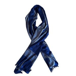 Elegant Blue and Gold Patterned Fringed Scarf Women's Fashion Accessory